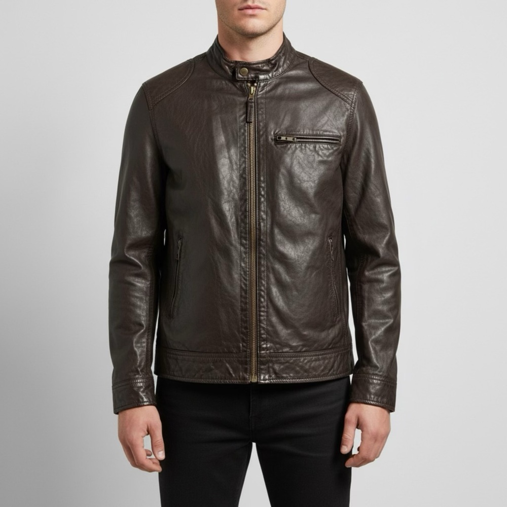 Men's Brown Leather Jacket size Medium Zip Up Biker Wear Cuff Wrist‎